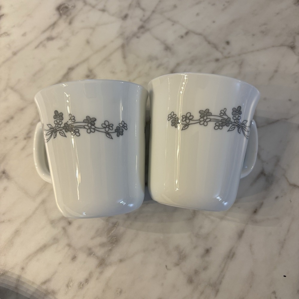 Vintage‎ Corelle Corning Gray Floral Ribbon Bouquet Coffee Mug Tea Cup SET OF 2